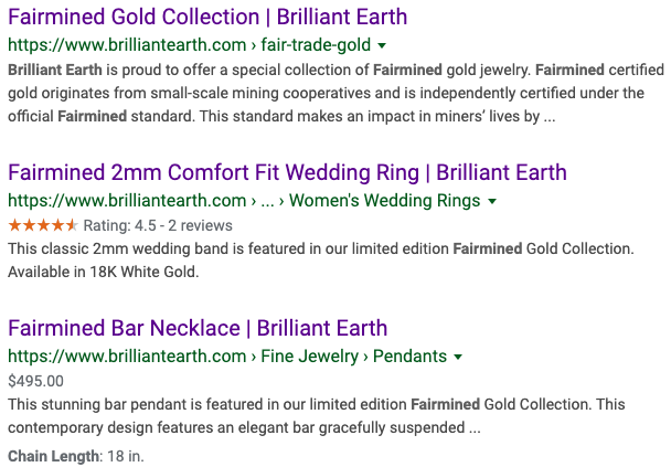 Brilliant Earth engages in clickbait centered around Fairmined Gold, which they do not offer for sale on their site.